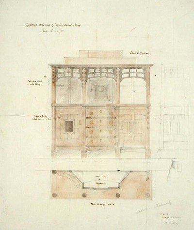 Design for Cupboard in English Walnut and Ebony by Sidney Barnsley