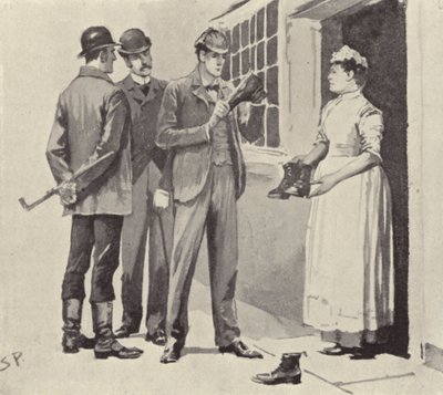 The maid showed us the boots: scene from the Sherlock Holmes story The Boscombe Valley Mystery, by Arthur Conan Doyle by Sidney Paget