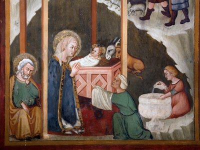 The Nativity (Fresco of the school of Siena, 14th century, Chapel of the Virgin, Monastery of Saint Benedetto) by Sienese School