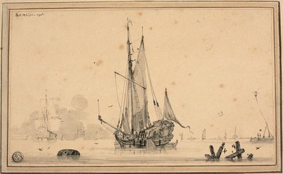 Harbor Scene with Ships at Rest and Piling by Sieuwert van der Meulen