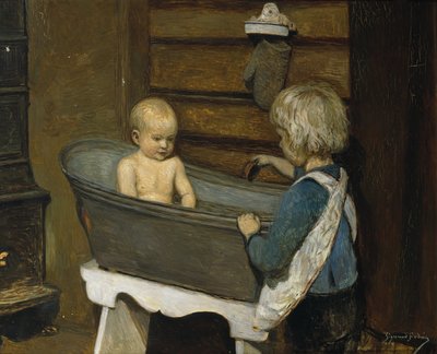 Children playing in a washtub by Sigmund Sinding