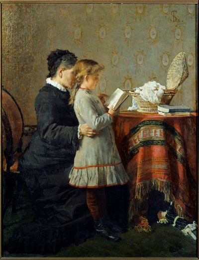 Reading lesson: A nurse teaches a little girl to read by Silvestro Lega