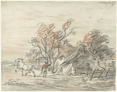 Farmhouse with a Farmer Training His Horse by Simon Andreas Krausz