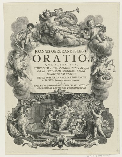 Minerva Crowns a Young Man with a Diploma (Title Page for: J.G. Slegt, Oratio, qua adseritur, Nimrodum falso patrem Nini, 1747) by Simon Fokke