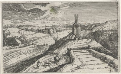 Hill Landscape with a Windmill (series: Various Landscapes, Topographia variarum regionum) by Simon Frisius (attributed to)