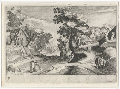 Wooded Hilly Landscape with Buildings and Figures by Simon Frisius