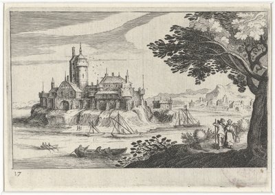 Hilly Landscape with a Castle on an Island (Southern European Landscapes, Topographia variarum regionum) by Simon Frisius
