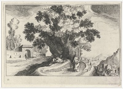 Hill Landscape with Embracing Figures Under a Tree (Southern European Landscapes) by Simon Frisius