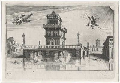 Cityscape with Icarus and Daedalus by Simon Frisius