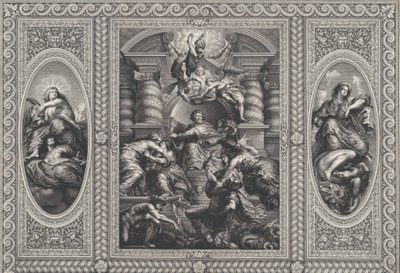 James I appointing Charles as King of Scotland at center, Minerva spearing Ignorance at right by Simon Gribelin
