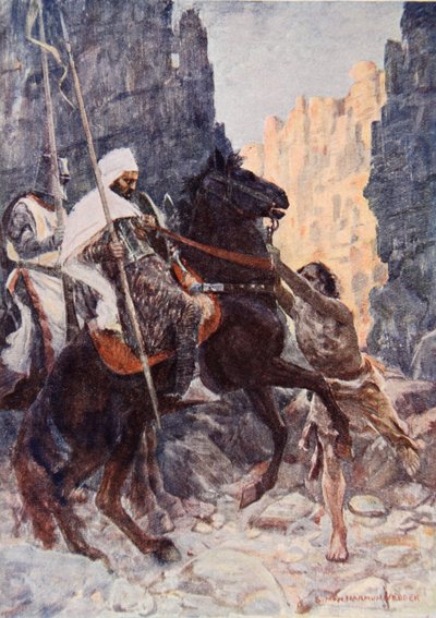 The Scottish knight Sir Kenneth with the Saracen, surprised by Hamako as they rode in the Valley of the Shadow of Death, illustration for 
