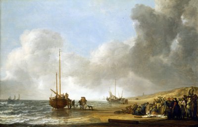 A scene on Scheveningen beach, the sea on the left and sand dunes on the right by Simon Jacobsz. Vlieger