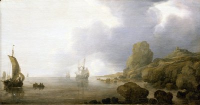 Boats in the shallow waters of a rocky bay, a romantic and idealized vision by Simon Jacobsz. Vlieger