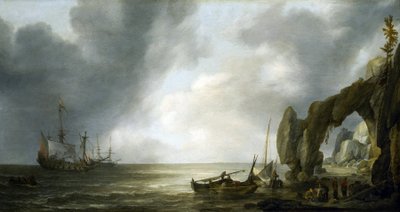 Dutch warships anchored off a rocky coast, a few crewmen landed on the shore, gathered around fishing baskets by Simon Jacobsz. Vlieger