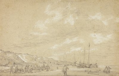 Fishermen drying nets on Scheveningen Beach by Simon Jacobsz. Vlieger