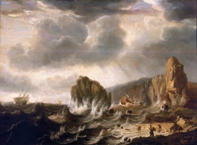 Shipwreck on a Rocky Coast by Simon Jacobsz. Vlieger