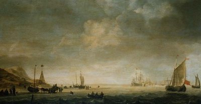 The Shore at Scheveningen with Fisherfolk on Beach by Simon Jacobsz. Vlieger