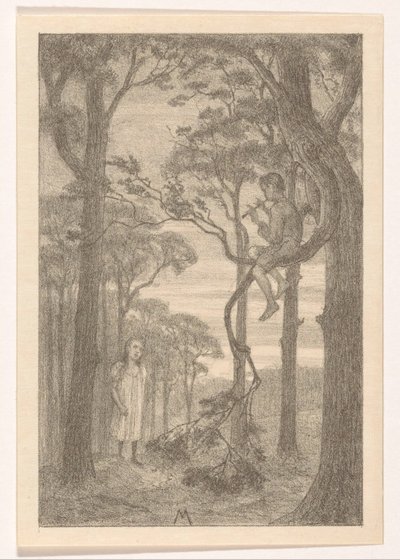 Girl and Flute Player in Forest by Simon Moulijn