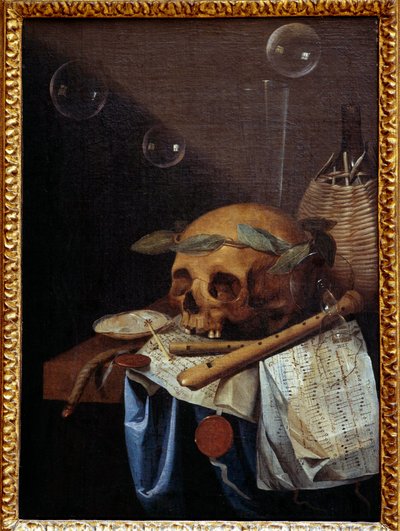 Vanitas Still Life of Skull, Crown of Laurels, Flutes, Score and Wine Jug by Simon Renard de Saint Andre