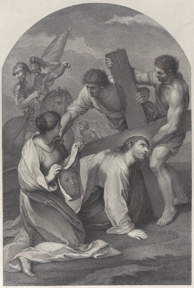 Christ fallen to the ground under the weight of the cross, with two men assisting by Simon Vallee
