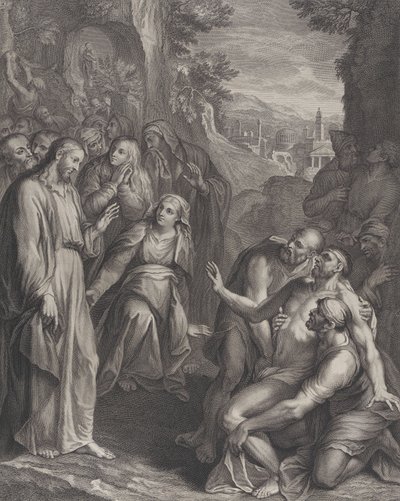 The Raising of Lazarus, with Christ standing at left by Simon Vallee