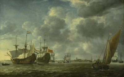 Ships in the River Maas off Rotterdam by Simon de Vlieger