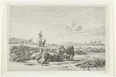 Landscape with Shepherdess and Dog by a Flock of Sheep by Simon van den Berg