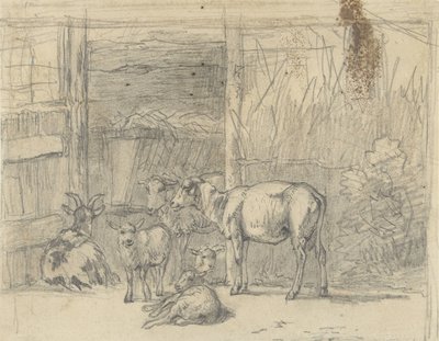 Sheep and a Goat in Front of a Stable by Simon van den Berg