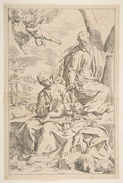 Rest on the Flight into Egypt, Mary Holding the Infant Christ while St. Joseph Hands Her Fruit by Simone Cantarini