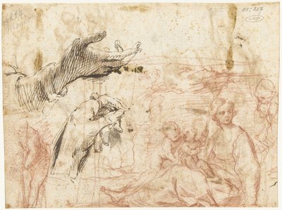 Sketch Sheet with Various Compositions, Including Two Hands by Simone Cantarini