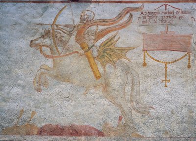 Death riding on horseback aiming arrow by Simone II Baschenis