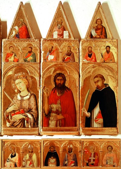 Saint Catherine of Alexandria, Saint John the Baptist, Saint Peter of Verona. (detail) by Simone Martini