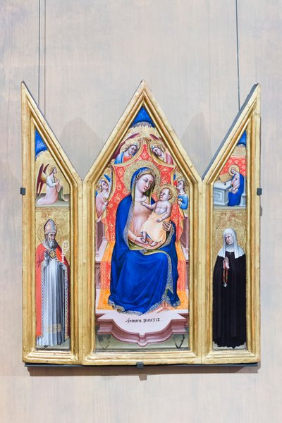 Triptych, Enthroned Madonna and Child with Angels (Centre), Angel of the Annunciation and Saint Augustine (Left), Virgin Annunciate and Saint Monica (Right) by Simone dei Crocifissi