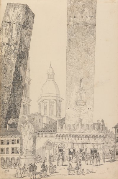 Album of 30 Views in the Tyrol and Italy: Leaning Towers, Statue of St. Francis, Bologna 12th Nov.r 1840 by Sir Charles D