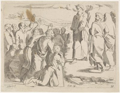 Moses Showing the Tablets of the Law to the People, Biblical Scenes (series title), Historia del Testamento Vecchio / Dipinta in Roma nel Vaticano da Raffaelle di Urbino (series title) by Sisto Badalocchio