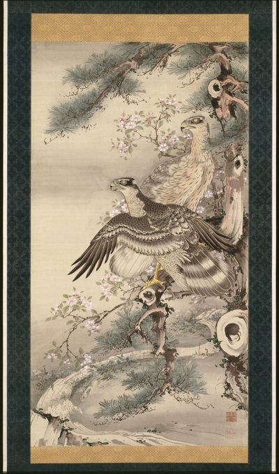 Pair of Hawks with Branch and Blossoms by Soga Shohaku