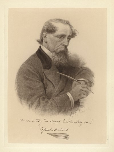 Portrait of Charles Dickens holding his pen by Solomon (after) Eytinge