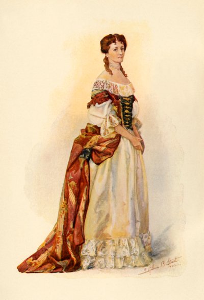 Gown of red brocade worn in the Barbados Colony c1685, 1903 by Sophie B. Steel