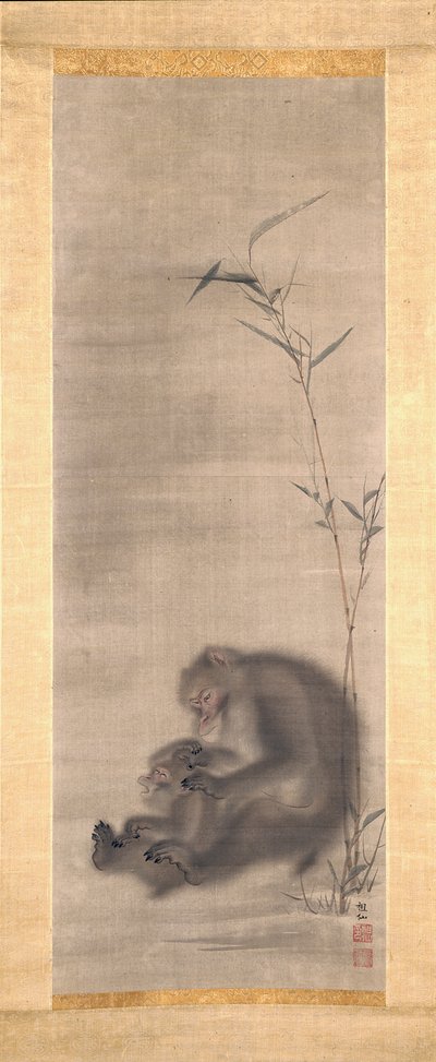 Monkey Grooming Offspring Near Bamboo by Sosen Mori