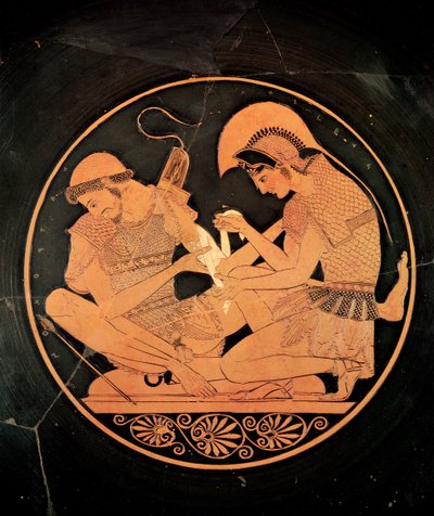 Interior of an attic red figure kylix depicting Achilles Tending the Wounded Patrocles, from Vulci by Sosias Painter