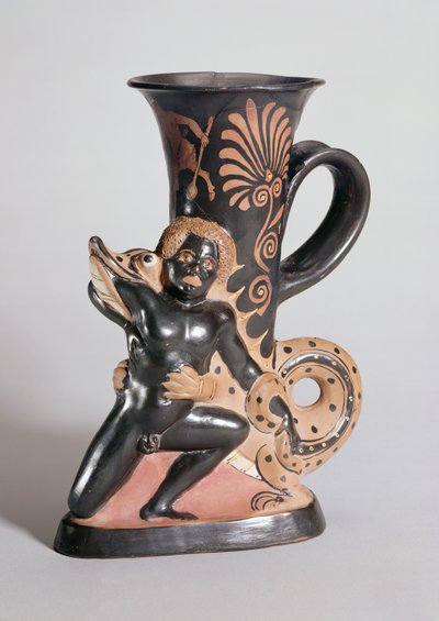 Red-Figure Horn-Shaped Rhyton depicting a crocodile attacking a Nubian, Greek, c.350 BC by Sotades
