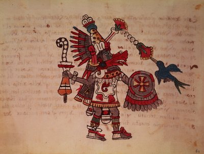 Quetzalcoatl, the plumed serpent, god of the wind, learning and the priesthood, master of life, creator and civiliser, patron of every art and inventor of metallurgy (vellum) by South American School