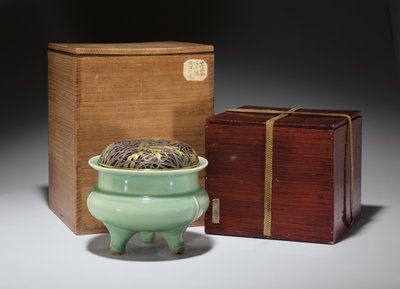 Large Longquan Celadon Tripod Censer with Japanese Parcel-Gilt Metal Cover by Southern Song Dynasty Chinese School