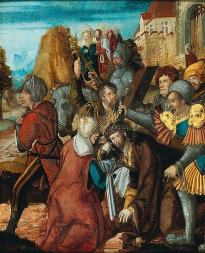 Saint Veronica presenting her veil to Christ on his way to Calvary by Southwest German master.
