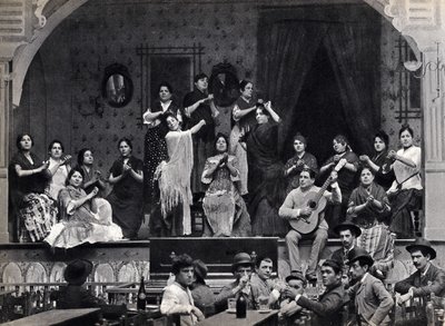 Seville, Spain, dance and flamenco music scene in a cafe. Photography, late 19th century by Spanish Photographer