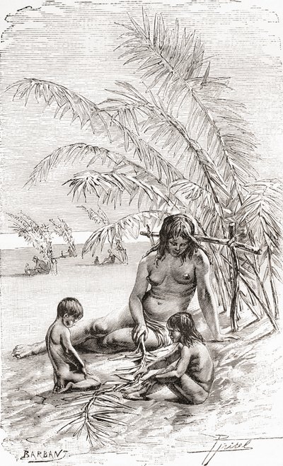 A family of Sápara natives on a sandbank beside the Napo river, Ecuador by Spanish School