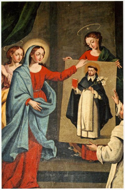 A saint presenting a portrait of Saint Dominic to the Virgin Mary by Spanish School