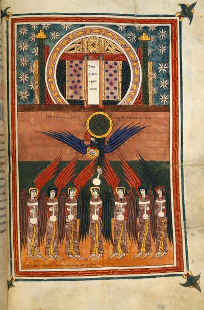 The seven plague angels bearing vials issue from the sanctuary. From the Silos Apocalypse by Spanish School