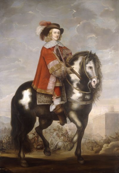 An Equestrian Portrait of Cardinal Infante Fernando de Borbon, Governor of the Spanish Netherlands, Full Length in a Red Coat and Plumed Hat, a Battle Beyond by Spanish School