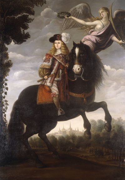 An Equestrian Portrait of King Charles II, Full Length, in a Red Coat with White Trim Being Crowned with a Laurel by an Angel, Madrid in the Distance by Spanish School